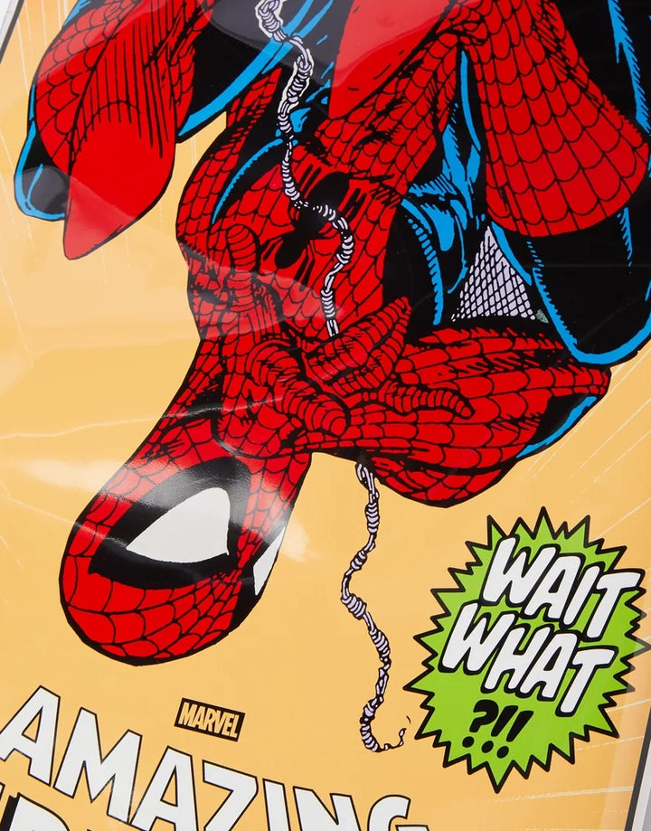 Marvel Amazing Spider-Man comic-style print featuring Spider-Man in red and blue with a green burst that says 'WAIT WHAT?!' on a pale yellow background.