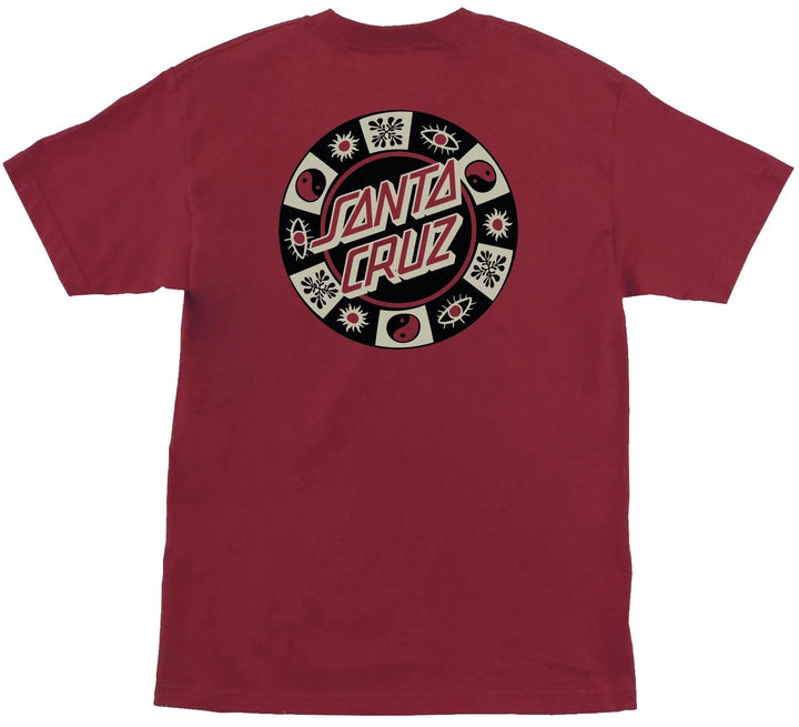 Santa Cruz cardinal red t-shirt with front and back Strange Check Dot logo in black and tan.