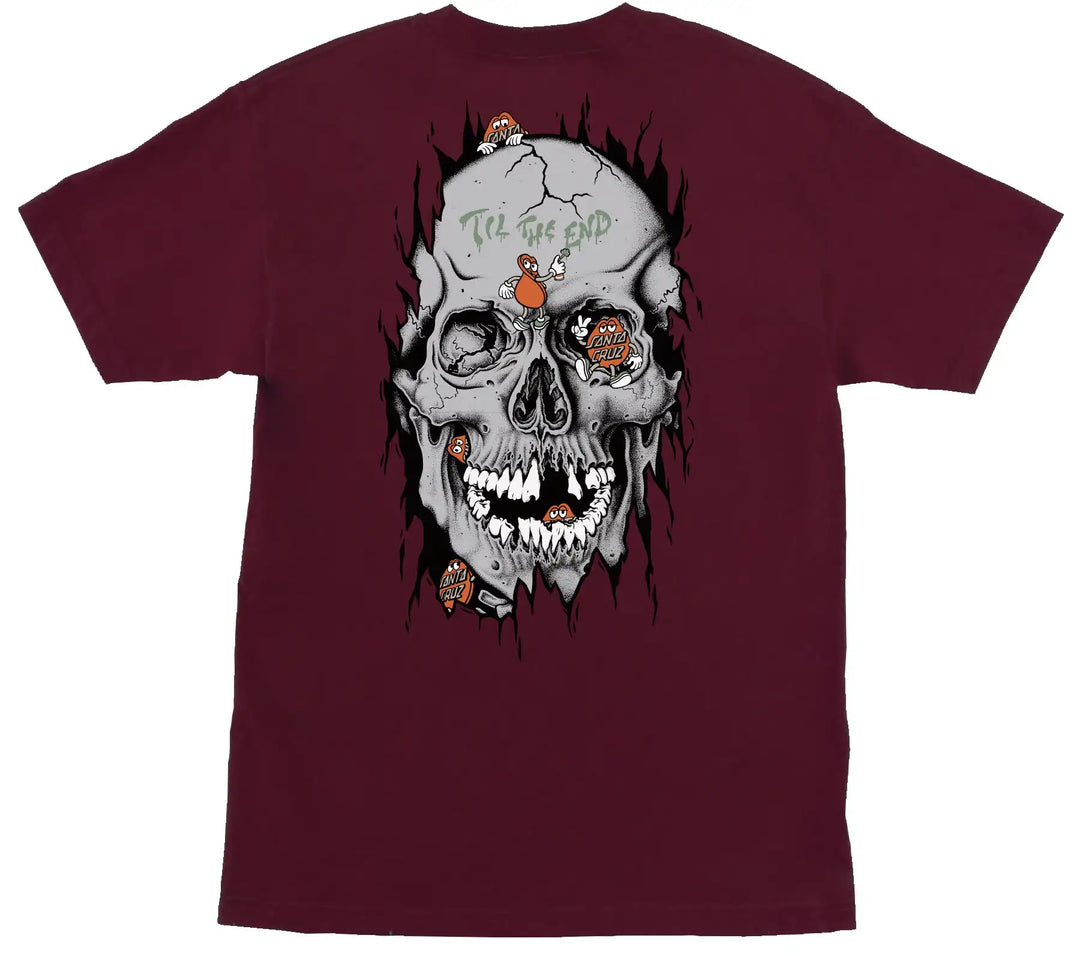 Santa Cruz Dot Dudes Tee Maroon with small front graphic and large skull Dot Dudes artwork on back