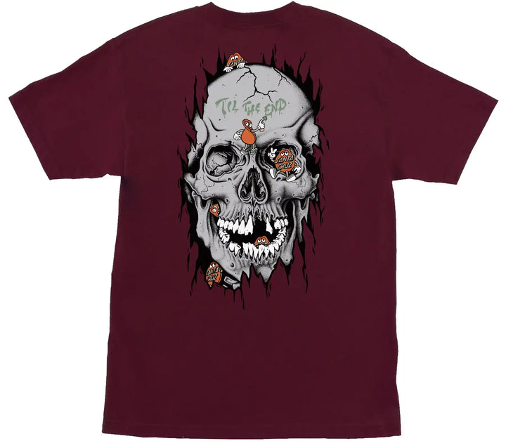 Santa Cruz Dot Dudes Tee Maroon with small front graphic and large skull Dot Dudes artwork on back