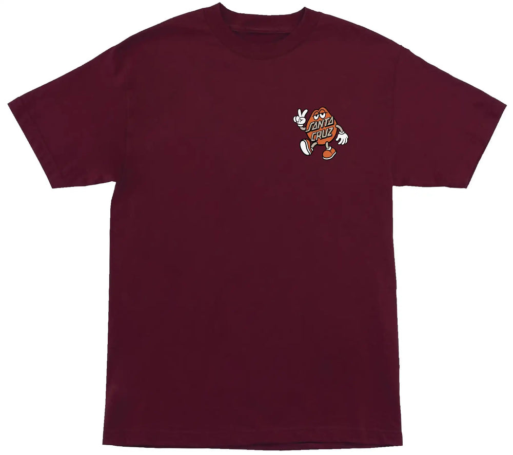 A maroon short-sleeve crewneck t-shirt featuring a small cartoon graphic on the left chest of a football helmet with the words 'ANY HIDE ANY GUESS' in white and orange.