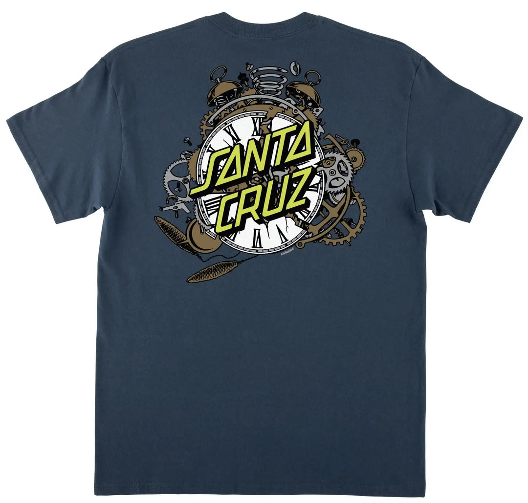 Santa Cruz Grabke Exploding Dot Tee Blue Dusk with small front logo and large clock graphic on back