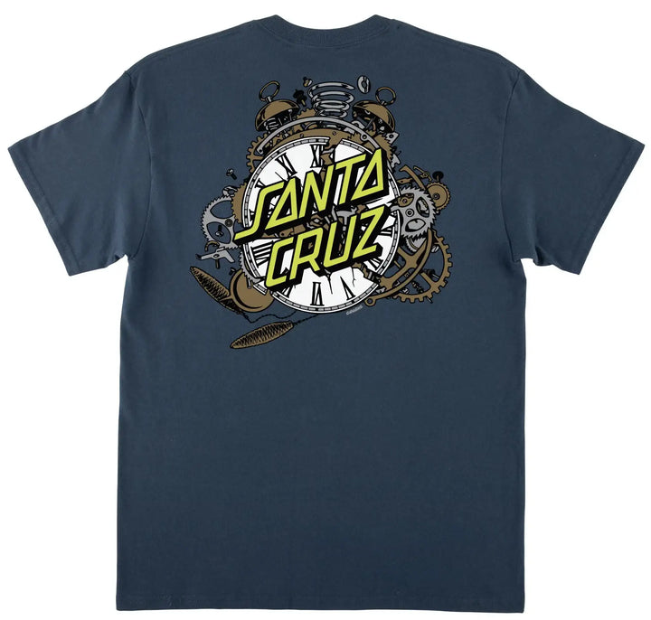 Santa Cruz Grabke Exploding Dot Tee Blue Dusk with small front logo and large clock graphic on back