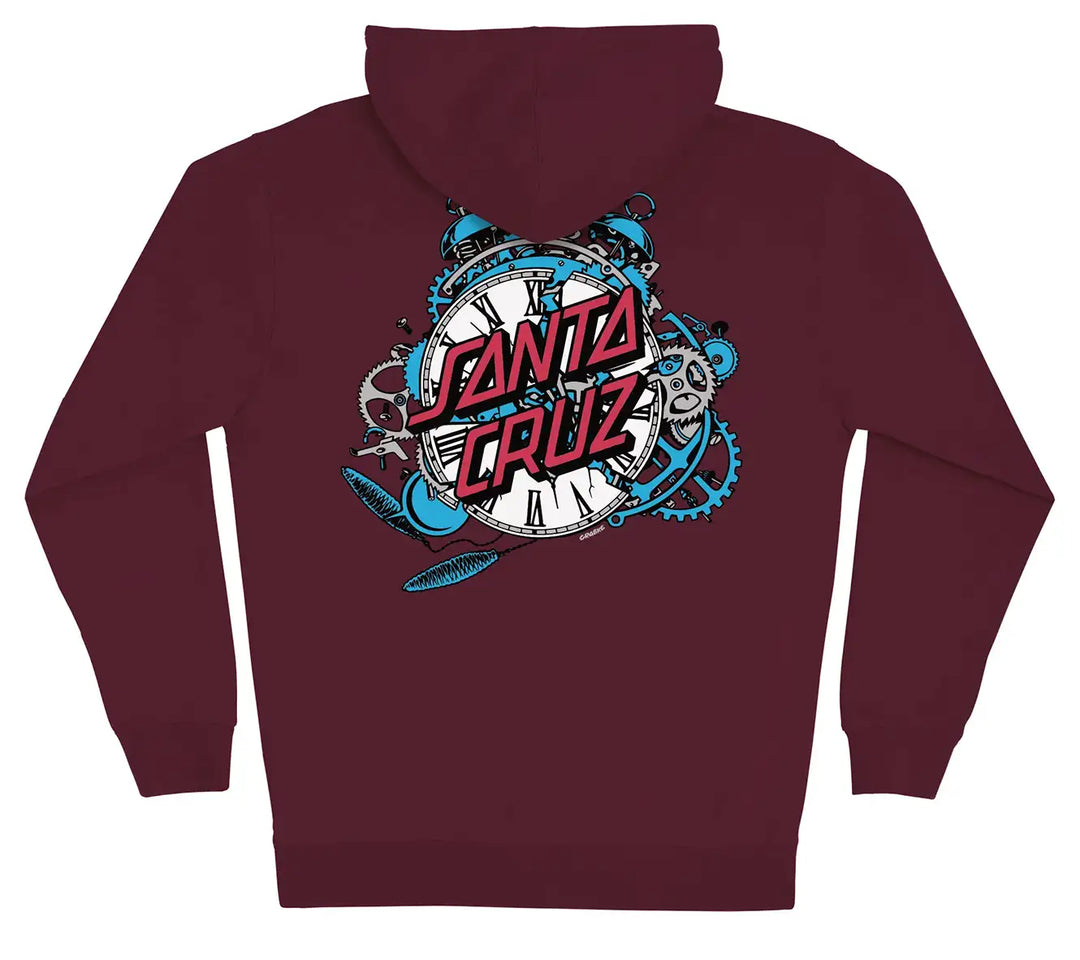 A maroon zip-up hoodie shown from the back, featuring a large Santa Cruz graphic on the center back with a clock, gears, and blue accents.