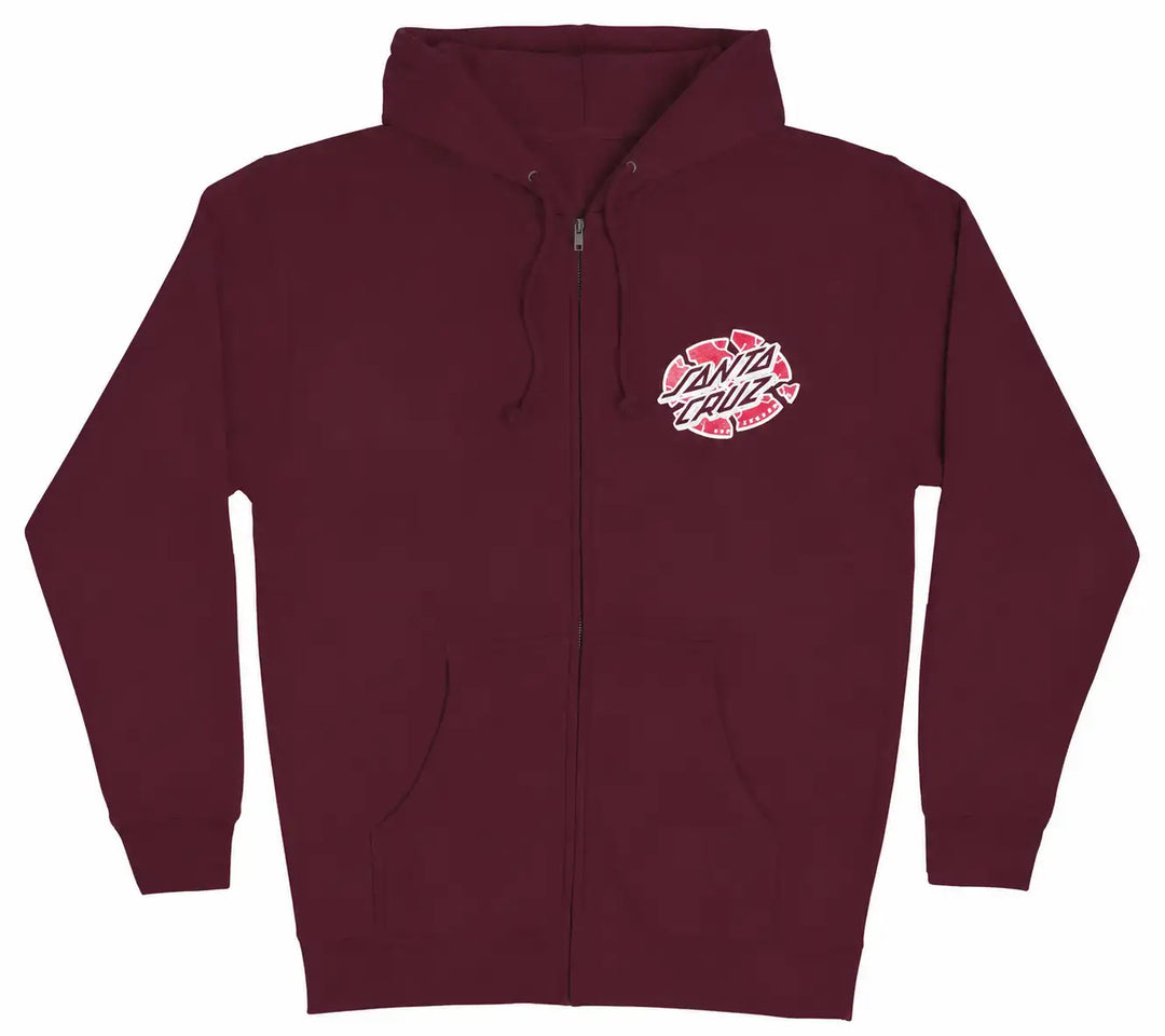 Santa Cruz Grabke Exploding Dot Zip Hoodie Maroon with front and large back graphic