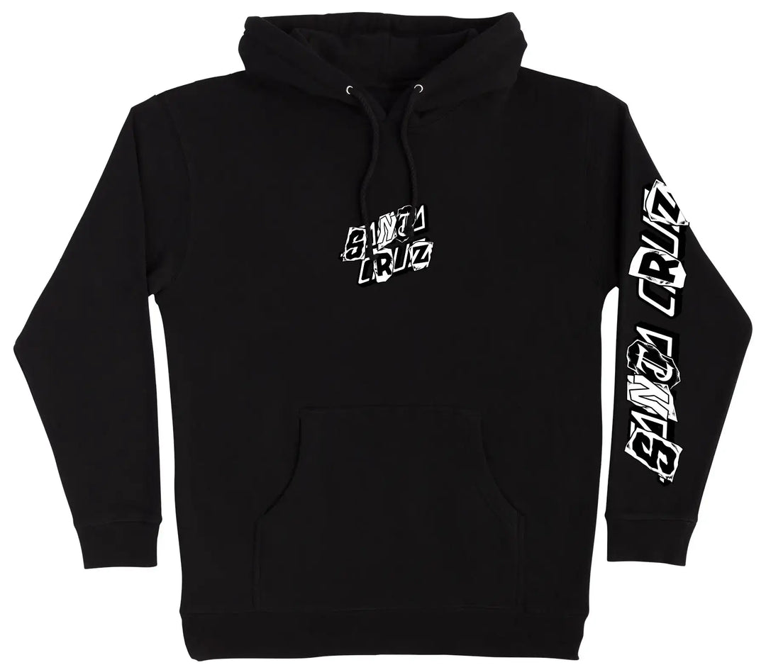 A black pullover hoodie with white graphic text prints on the chest and down the right sleeve, displayed against a solid white background.