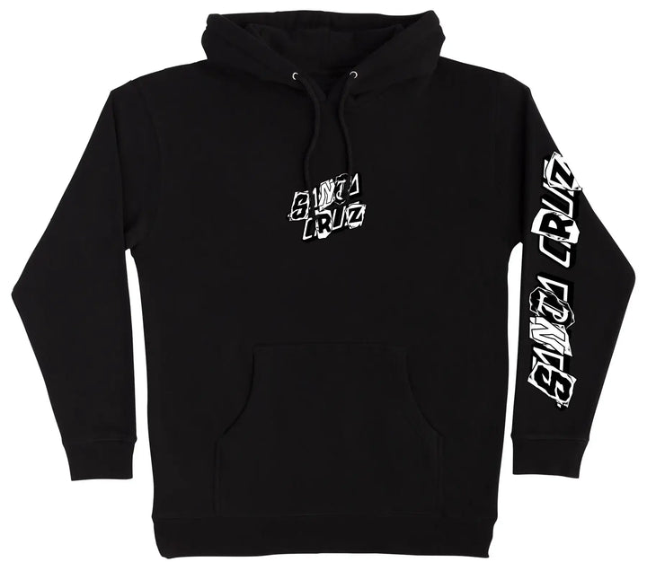 A black pullover hoodie with white graphic text prints on the chest and down the right sleeve, displayed against a solid white background.