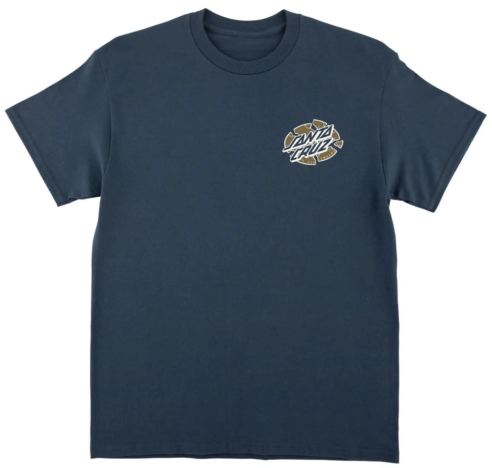 A navy blue short-sleeve crewneck t-shirt with a small circular graphic on the left chest featuring the words 'Dixie Dukes' in white script over a brown and tan pattern.