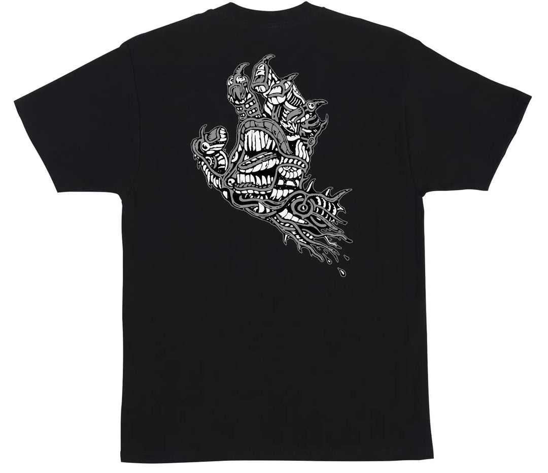 Santa Cruz Scourge Hand Tee Black with small front logo and large black and white Scourge Hand back graphic
