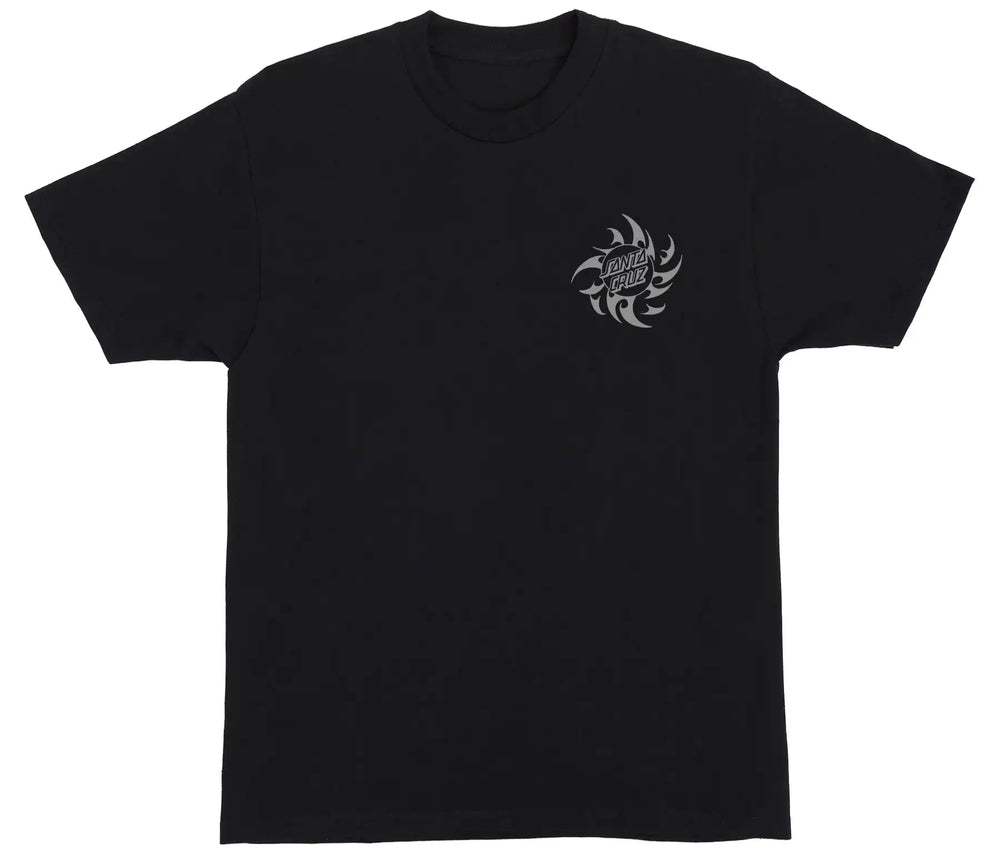A black short-sleeve crewneck t-shirt with a small white tribal-style graphic on the left chest containing the text 'VIGOROUS LIFE'.
