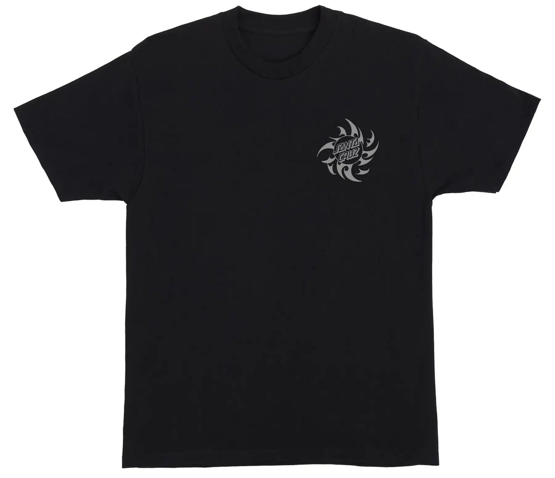 A black short-sleeve crewneck t-shirt with a small white tribal-style graphic on the left chest containing the text 'VIGOROUS LIFE'.
