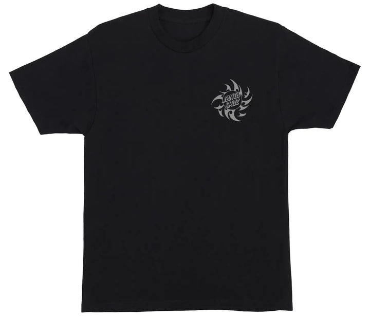 A black short-sleeve crewneck t-shirt with a small white tribal-style graphic on the left chest containing the text 'VIGOROUS LIFE'.