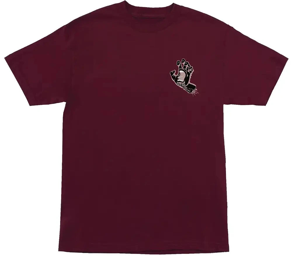 A maroon short-sleeve crewneck t-shirt with a small black and white graphic of a hand holding a baseball on the left chest, displayed on a solid white background.