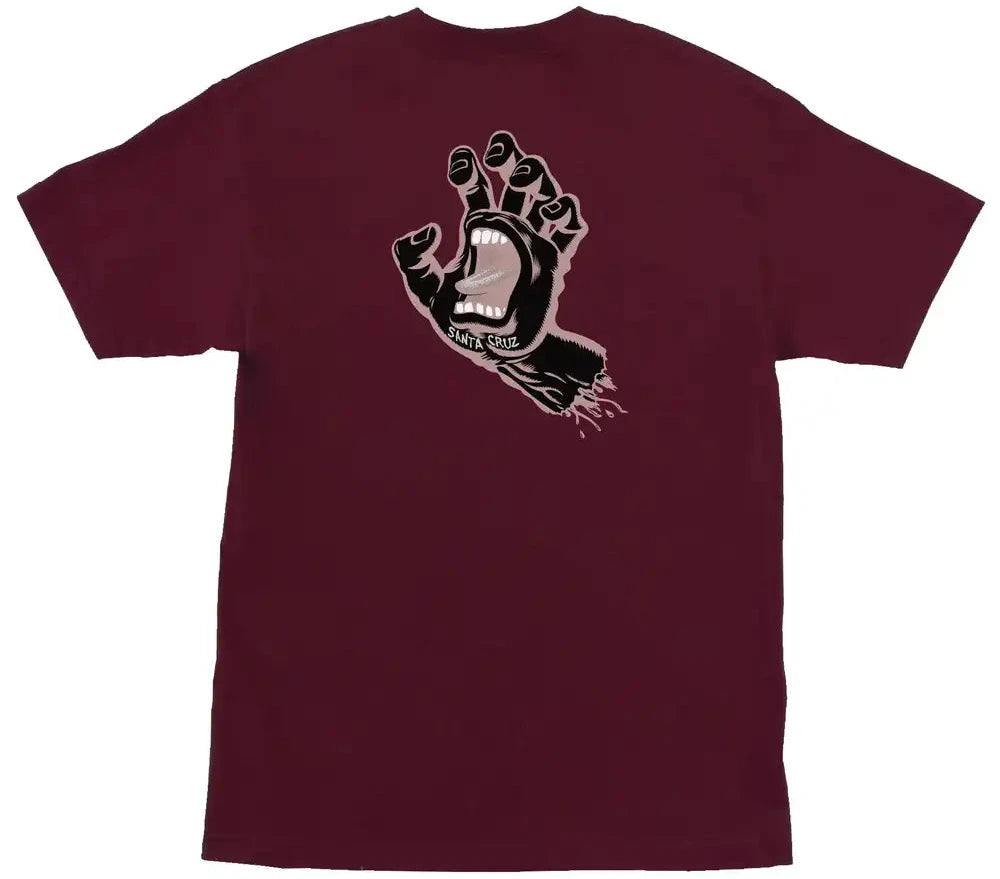Santa Cruz Screaming Hand Tee Maroon Black Rose with front and back Jim Phillips graphics