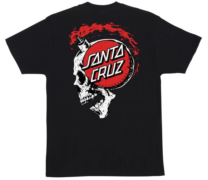 Santa Cruz Short Fuse Tee Black with small front logo and large red and white skull graphic on back