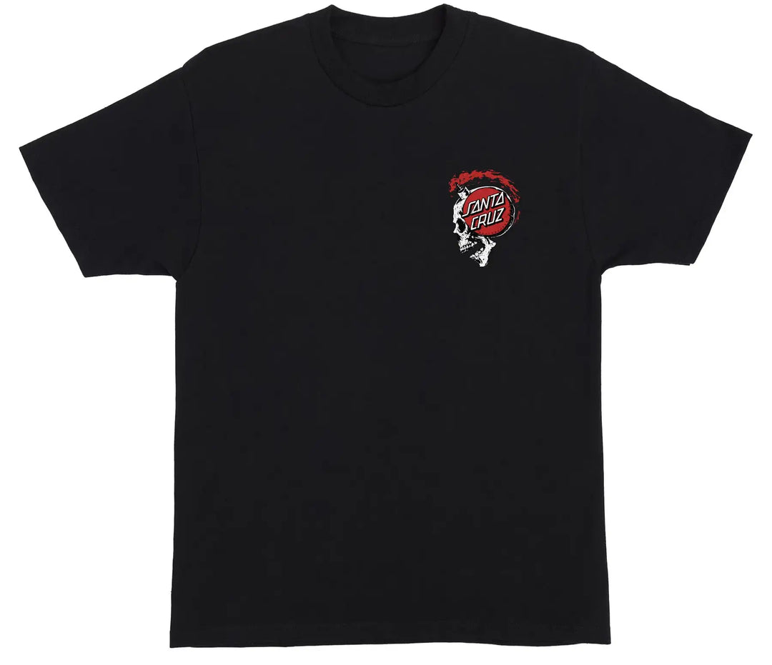 A black short-sleeve crewneck t-shirt featuring a Santa Cruz graphic logo on the left chest, displayed against a solid white background.