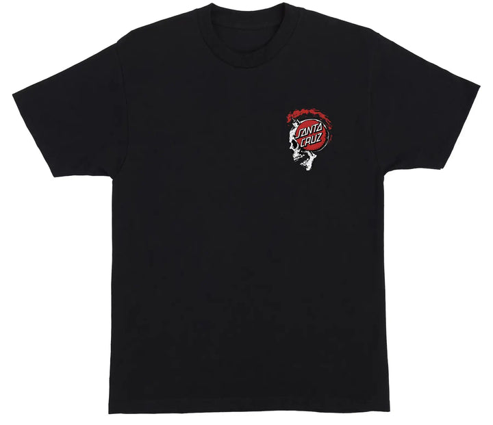 A black short-sleeve crewneck t-shirt featuring a Santa Cruz graphic logo on the left chest, displayed against a solid white background.