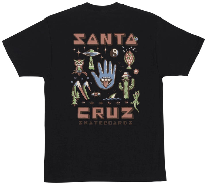 Santa Cruz black t-shirt with front and back Tripper graphic printed in soft-hand ink.