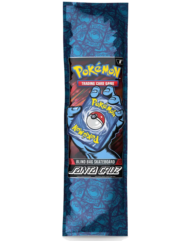 A sealed Pokémon Trading Card Game blind bag featuring the Jeno Cruz skateboard theme. The packaging is predominantly blue with a pattern of blue skateboards, a central graphic of a blue hand holding a Poké Ball, and yellow 'Pokémon' branding.