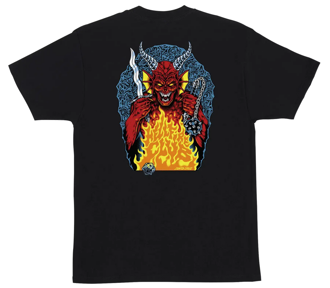 Forest green Santa Cruz x Stranger Things Hellfire Pit tee with small front logo and large back demon artwork.