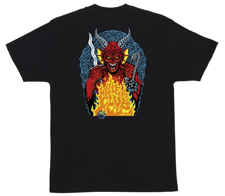 Forest green Santa Cruz x Stranger Things Hellfire Pit tee with small front logo and large back demon artwork.