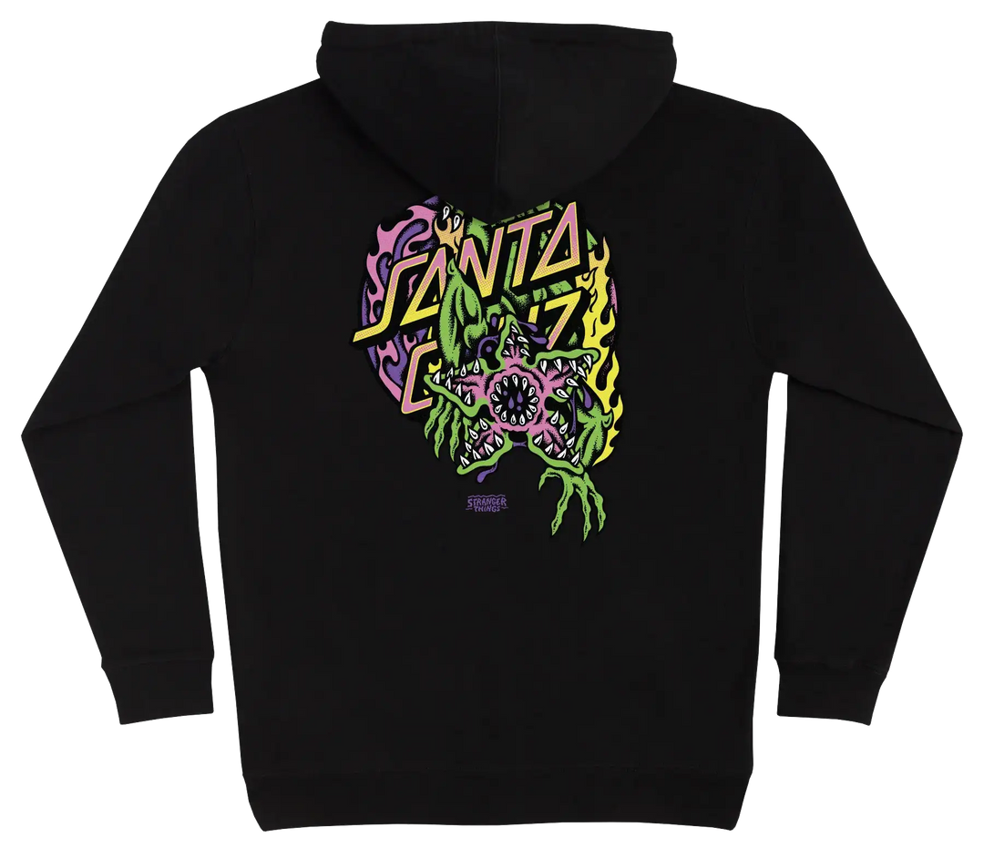 Black Santa Cruz x Stranger Things Demogorgon Dot hoodie with small front and large back creature artwork.