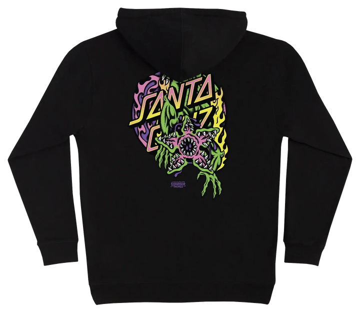 Black Santa Cruz x Stranger Things Demogorgon Dot hoodie with small front and large back creature artwork.