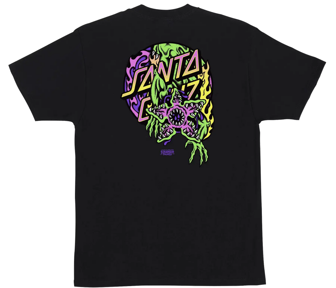 Santa Cruz x Stranger Things Demogorgon Dot black t-shirt with front and back neon graphics