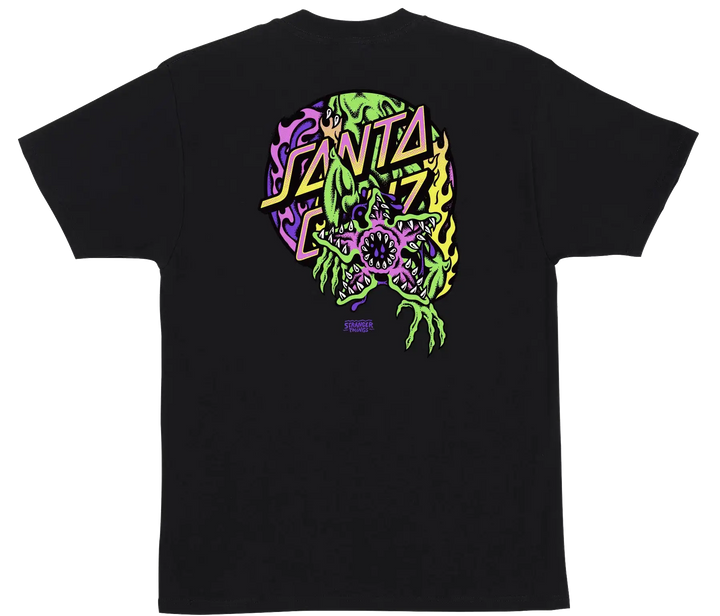 Santa Cruz x Stranger Things Demogorgon Dot black t-shirt with front and back neon graphics