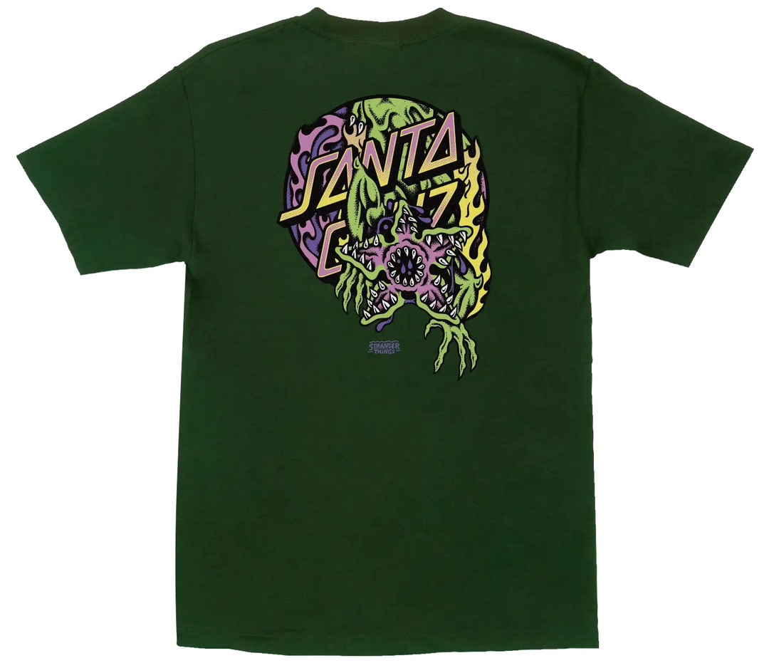 Santa Cruz x Stranger Things Demogorgon Dot forest Green t-shirt with front and back neon graphics