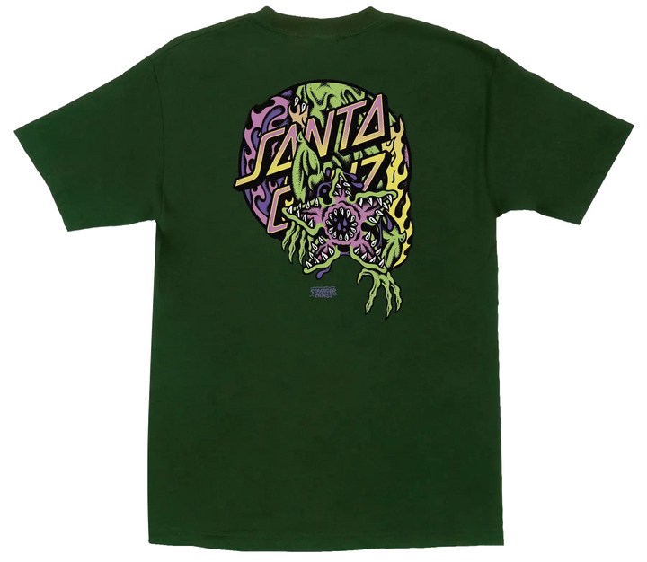 Santa Cruz x Stranger Things Demogorgon Dot forest Green t-shirt with front and back neon graphics