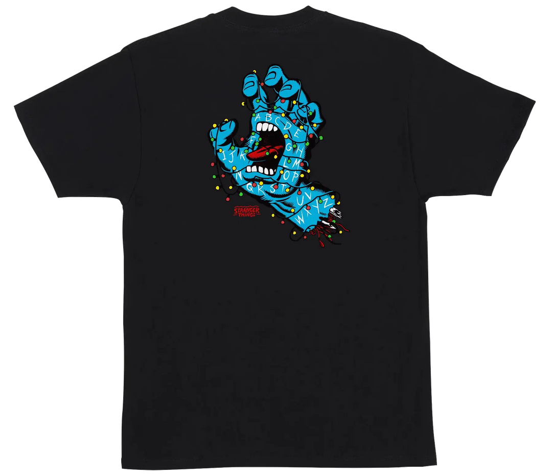 Black Santa Cruz x Stranger Things Screaming Lights tee with glow-in-the-dark Christmas lights graphic on the back.