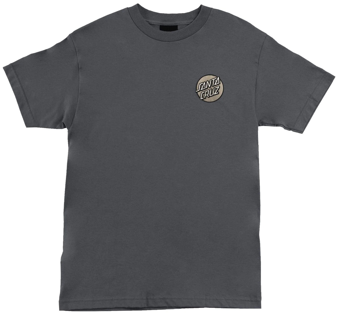 Santa Cruz charcoal t-shirt with tan embroidered Classic Dot logo on chest.