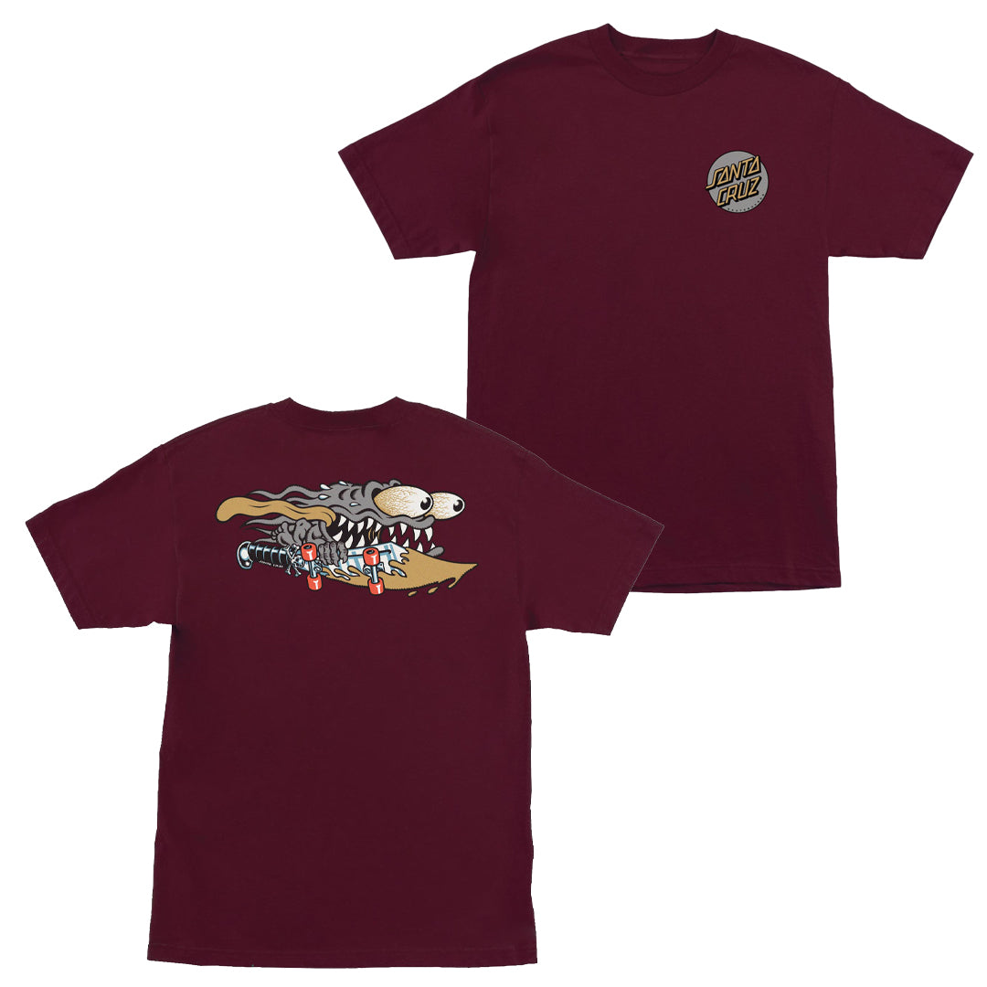 Santa Cruz Meek Slasher tee in maroon with small front logo and large back Slasher graphic