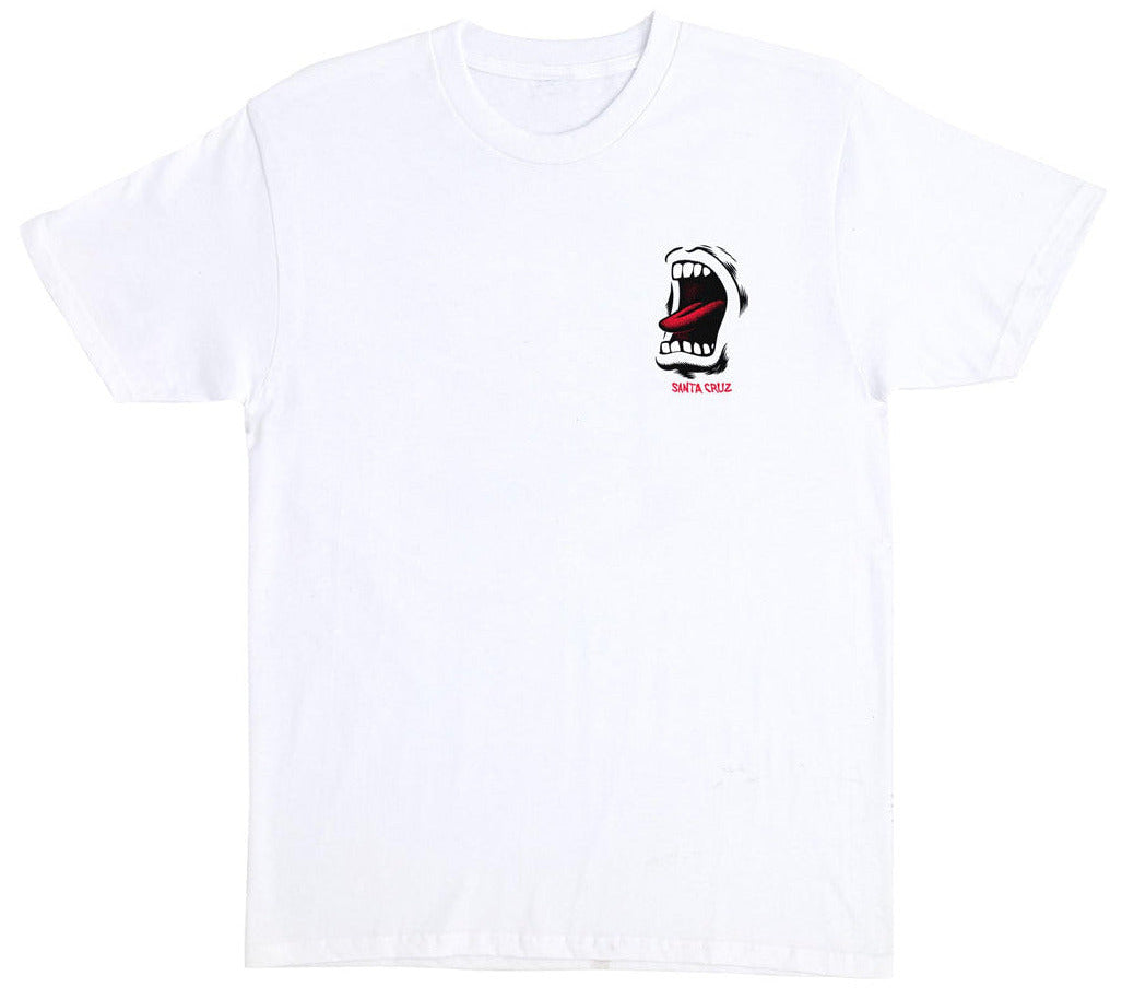 Santa Cruz Screaming Mouth chest tee in white with small iconic mouth graphic printed on the left chest