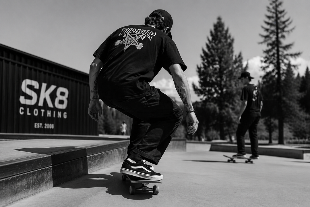 Skateboarder performing a trick at a skate park with 'SK8 Clothing' branding.
