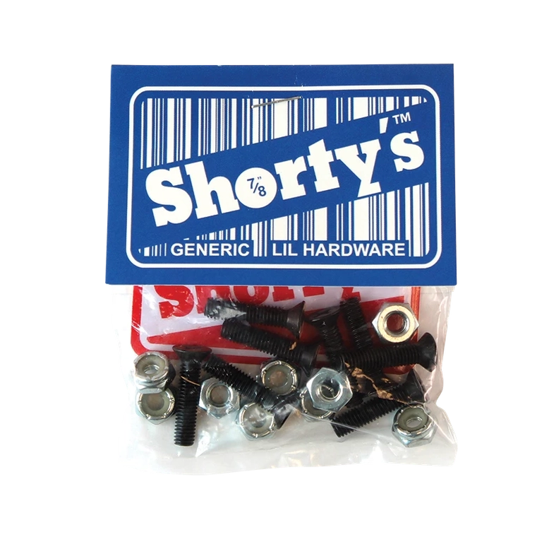 Shorty's Lil Hardware Phillips 7/8 Inch skateboard mounting bolts with black screws and silver nuts