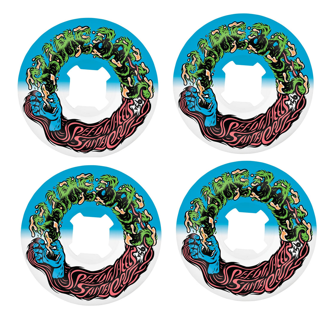 Slime Balls Hair Balls 53mm 95A skateboard wheels in white with blue graphic for smooth cruising and street skating