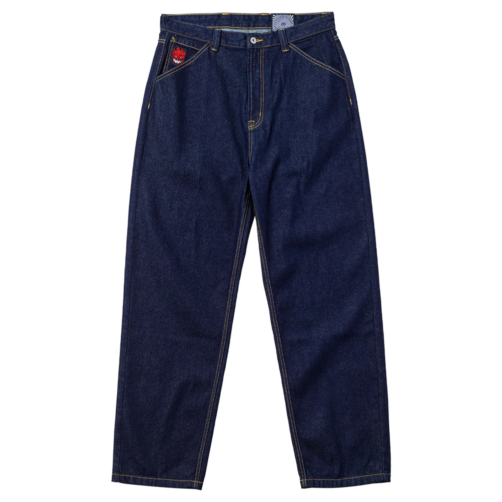 Spitfire Bighead Fill Jeans in dark wash denim featuring embroidered flame logo and relaxed skate fit.