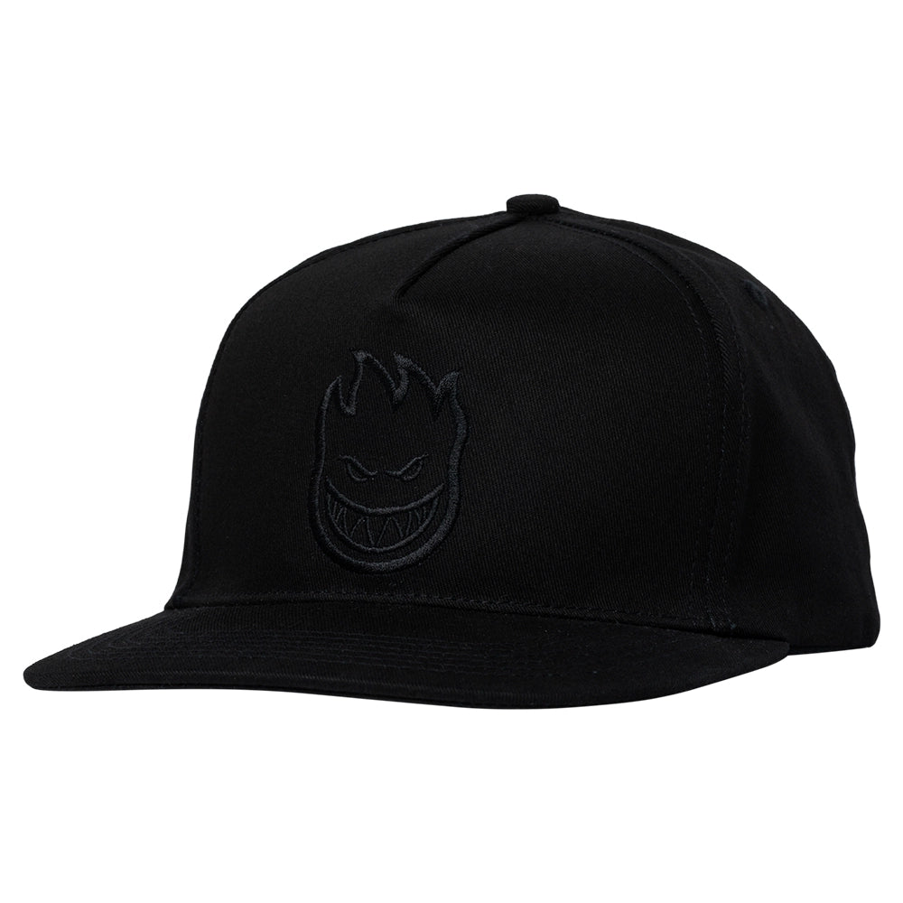 Spitfire Bighead Snapback Hat in black on black with embroidered flame logo, flat brim, and adjustable snapback fit.