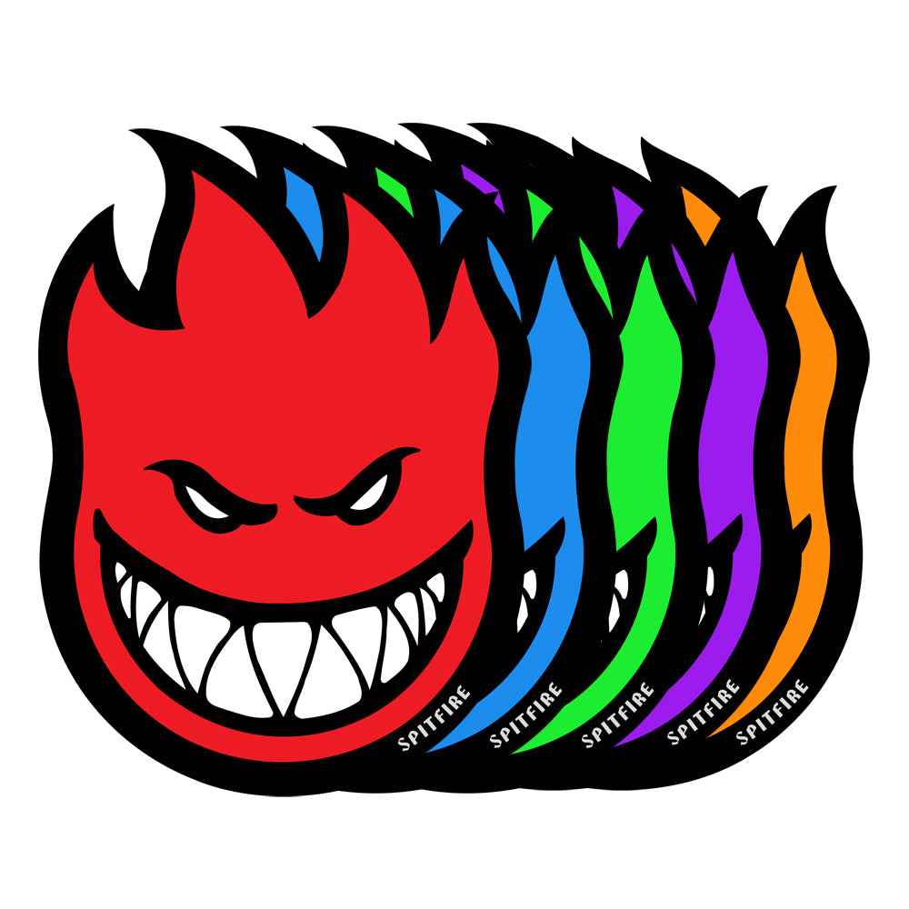 Spitfire Bighead 6 inch skateboard sticker in assorted colors with classic flame logo