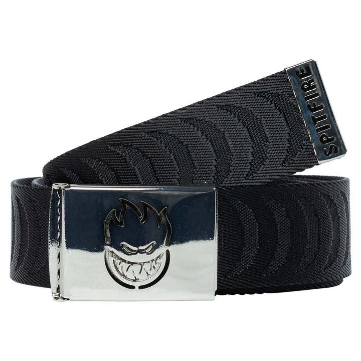 Spitfire Bighead Swirl Belt in black with tonal flame logo, metal buckle, and durable webbed strap for a clean skate-ready fit.