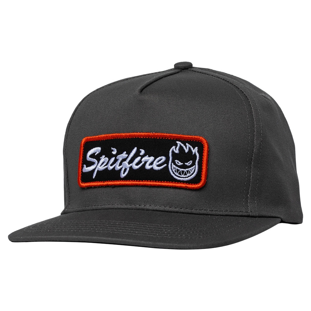 Spitfire Courier Patch Snapback Hat in charcoal with embroidered patch logo, flat brim, and adjustable snapback closure.