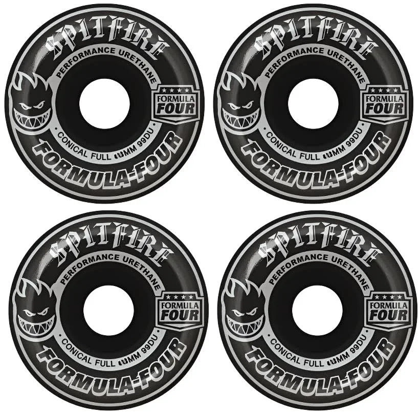 Spitfire Formula Four Conical Full Wheels 54mm 99D in black with wider riding surface for control, speed, and slide.