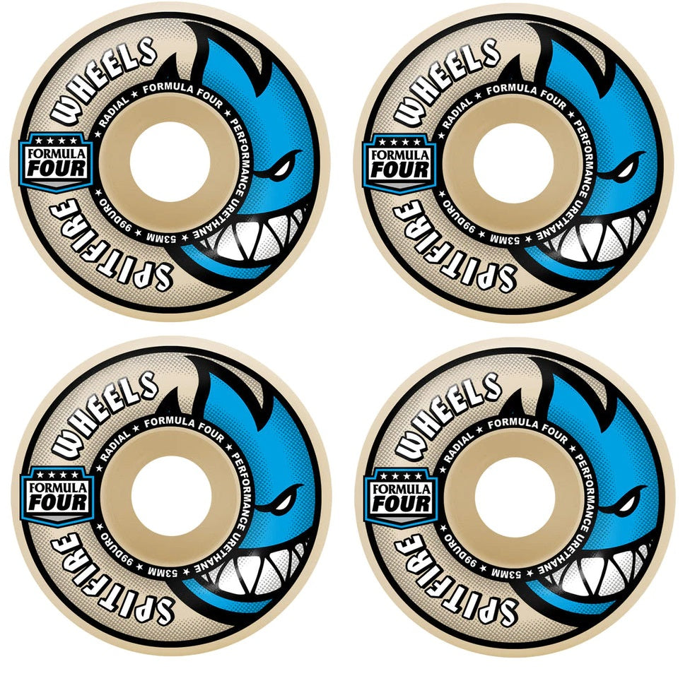 A set of four Spitfire Radial Formula Four skateboard wheels with blue and gold color scheme.