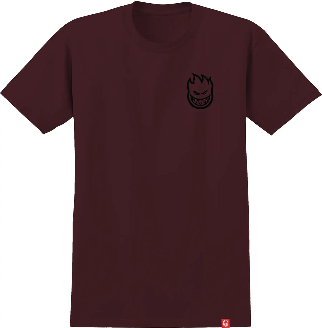 Spitfire Lil Bighead tee burgundy with small black flame logo on chest