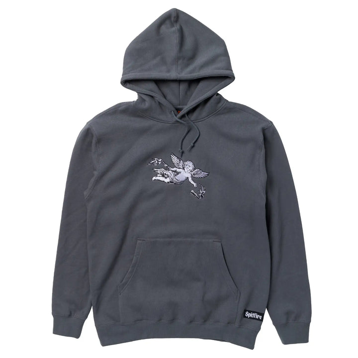 Spitfire Molotov Angel embroidered charcoal pullover hoodie with chest graphic and kangaroo pocket