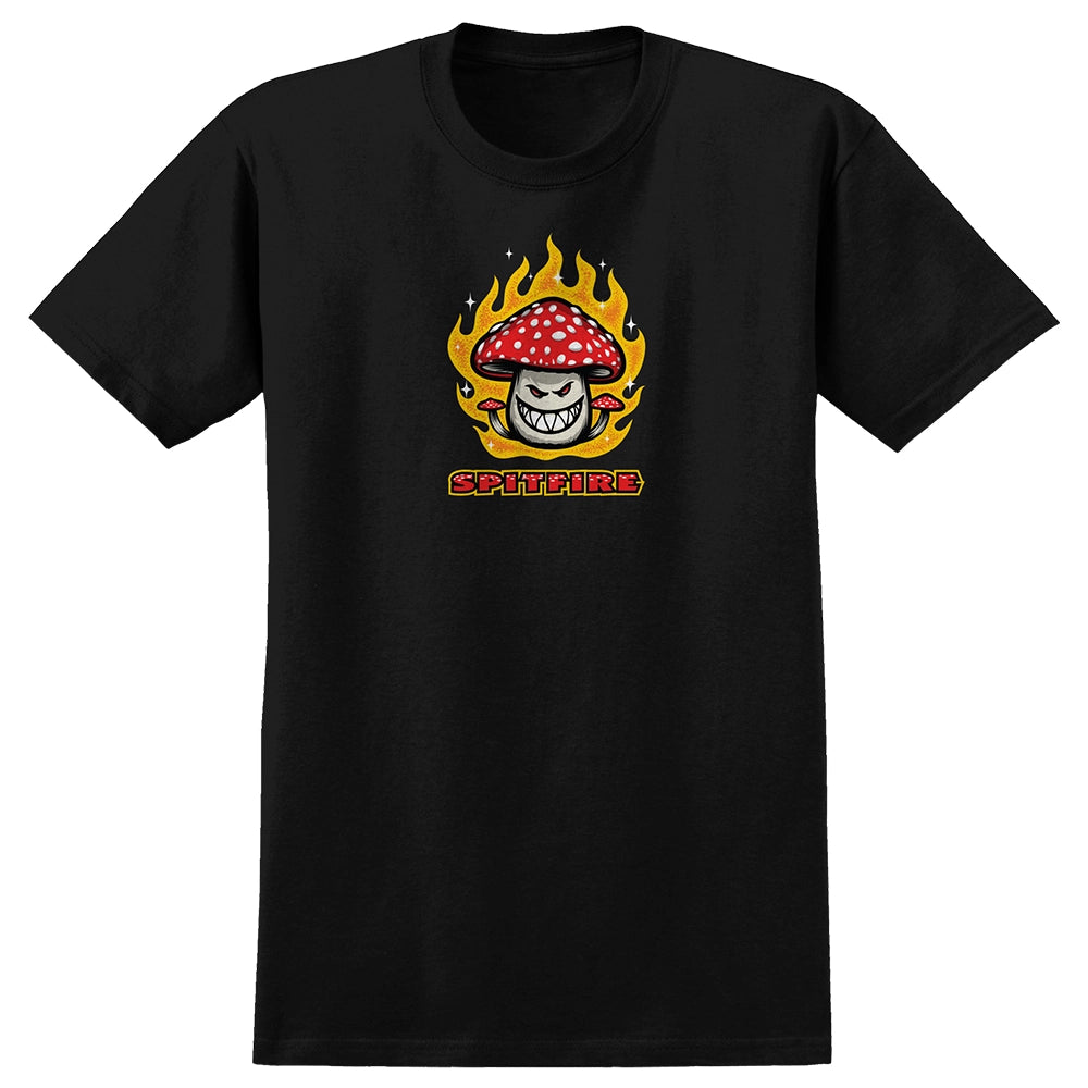 Spitfire Mushroom Bighead black t-shirt with flaming mushroom graphic and classic Spitfire logo