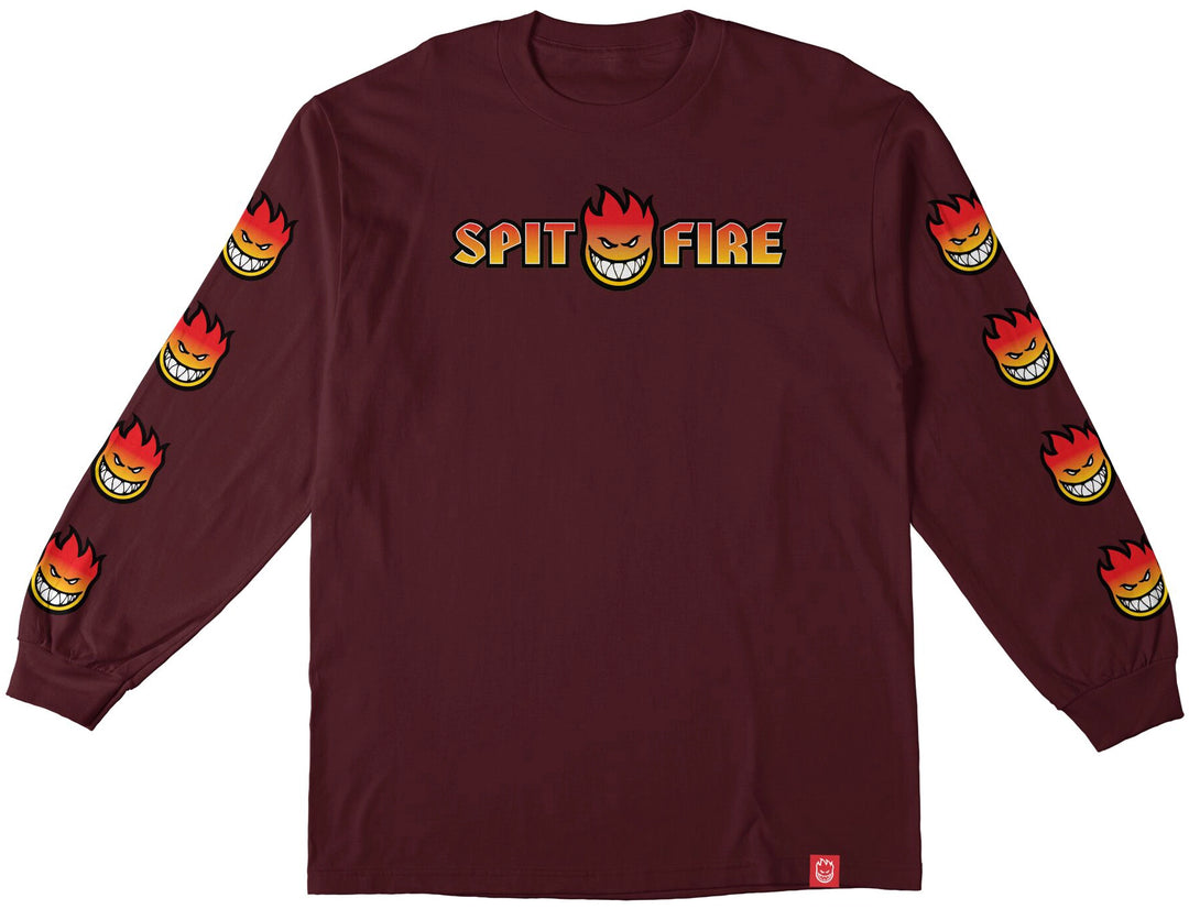 Spitfire OG Split Bighead Fade Fill LS Tee Maroon with Bighead sleeve graphics