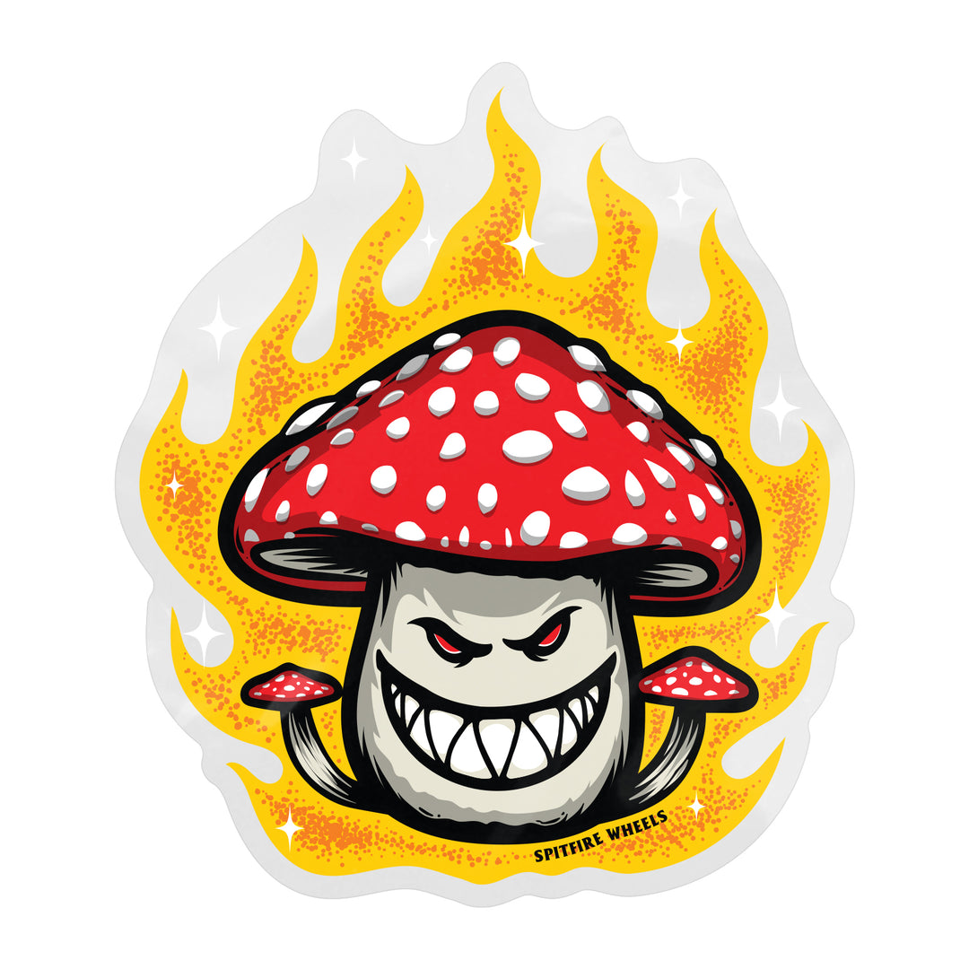 Spitfire Shroom Bighead 4 inch skateboard sticker with mushroom flame graphic